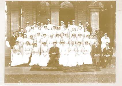 A young Sir Charles Bickerton Blackburn surrounded by nurses and staff of the Royal Prince Alfred Hospital, circa 1900., Photo courtesy of University of Sydney Archives, Copyright University of Sydney